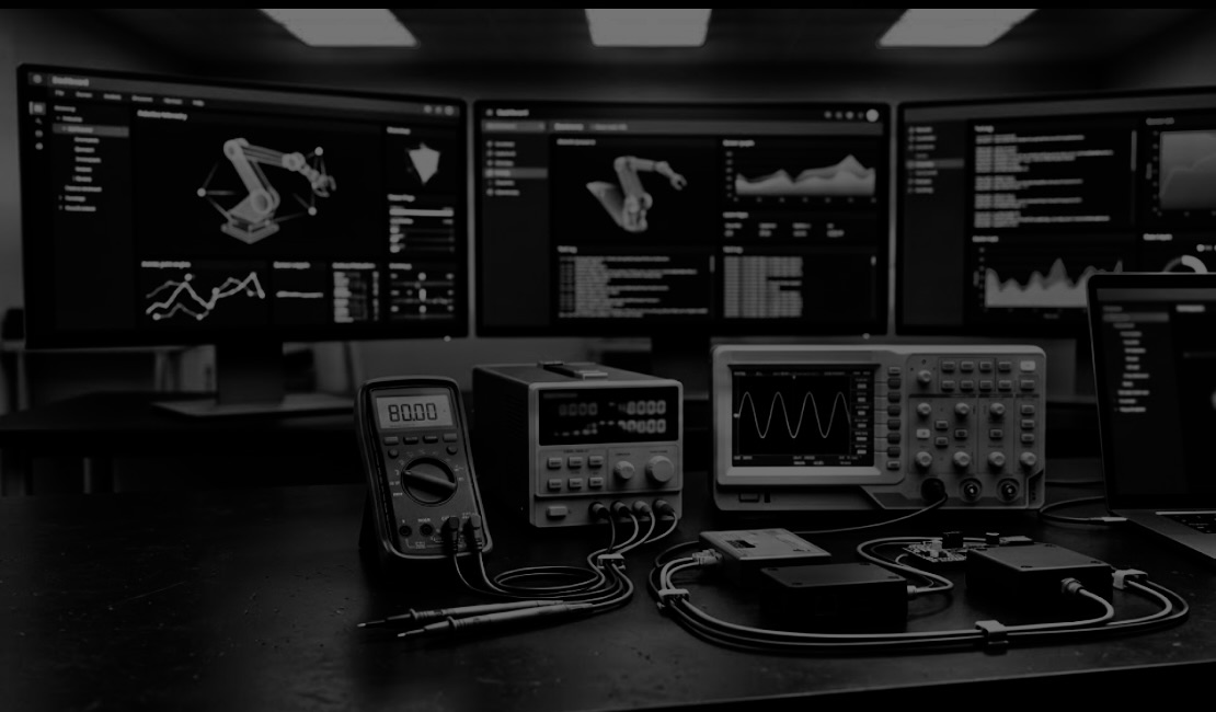 AI and robotics lab workstation with research dashboards on a graphite bench